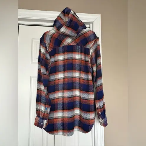 KAVU Women’s Jess Coastline long sleeve plaid cotton button up hoodie Sz L. EUC