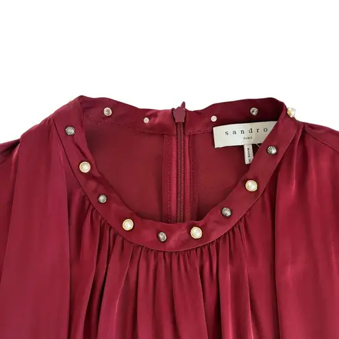 Sandro Conique Merlot Burgundy Embellished Neckline Midi Dress Women’s EU 36