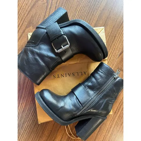 Allsaints Black Moto Shearling Fur Lined Boots Block Heels Chunky size 36 (US6)
