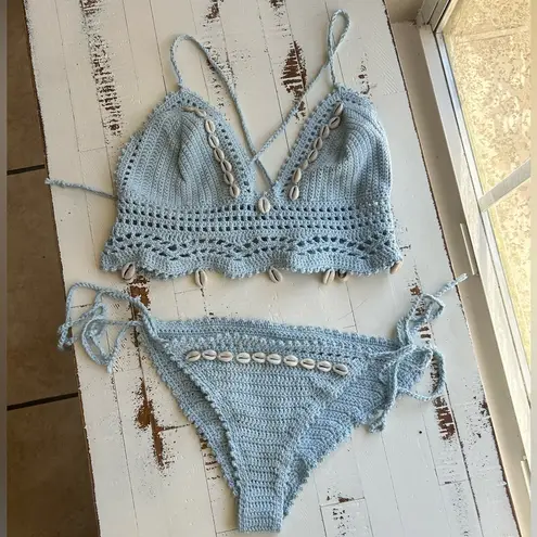 Crochet top and bottom baby blue with seashells bikini swim set Size undefined