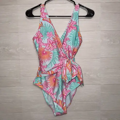 Member’s Mark One Piece Swimsuit Size Medium Floral Wrap Tie Front Pink