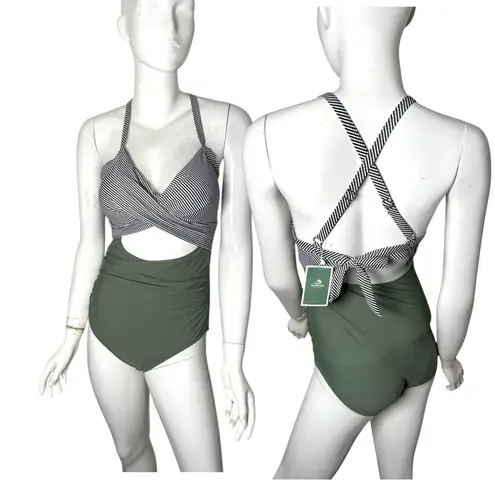 E.Menie retro 1940 pinup girl Striped and Olive Green one piece Swimsuit medium Black