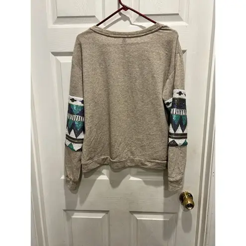 Entro Sequin Sleeve Sweater Sz Large Beige w/ Blue and Teal Sequin Sleeves Gray