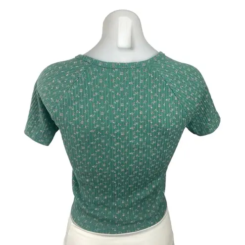 American Eagle  Green Floral Print Crewneck Short Sleeve Ribbed Knit Crop Top M