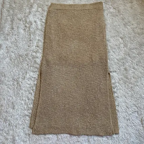 All Row Medium Knit Midi Skirt with Slits Elastic Waist Tan Camel Lined