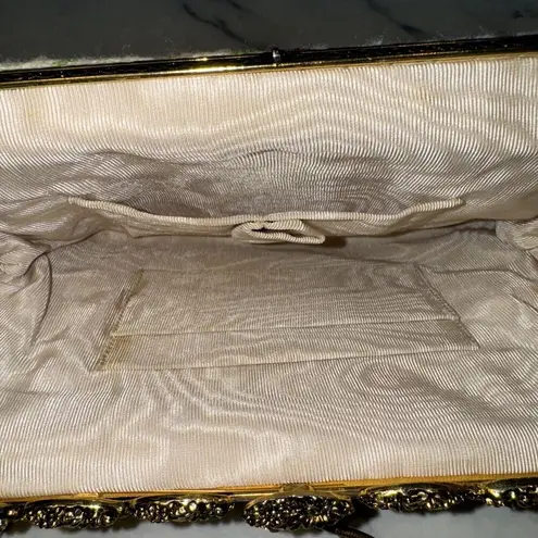 Handmade Vintage Needlepoint Mini Handbag Clutch Victorian Femme 9" Gold Frame