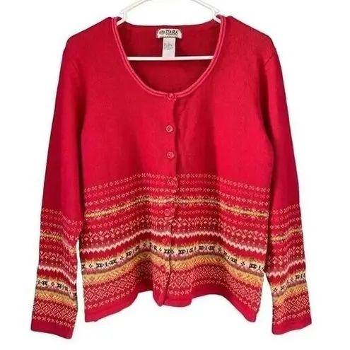 Tiara International T6 Vintage Red Fair Isle Knit Button Front Cardigan Sweater