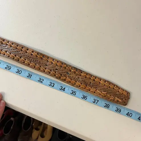 Vintage 90s Western Woven Genuine Leather Silver Buckle Belt Size Medium Brown