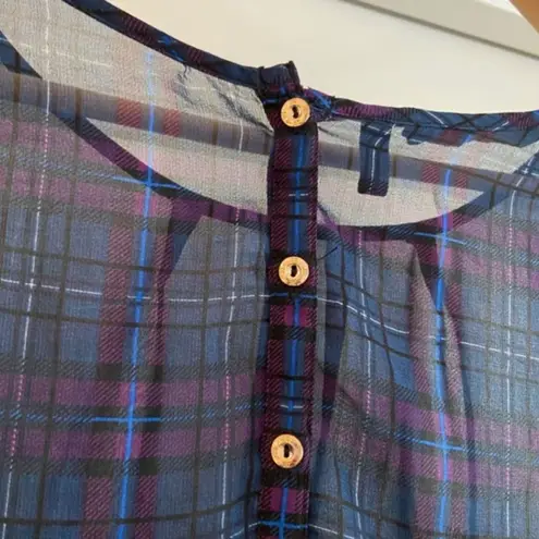 Kardashian Kollection Top M Sheer Plaid Lace Long Sleeve Purple Blue