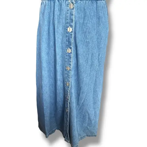 Vintage 90s Faded Glory Denim Button Front Midi Dress Short Sleeve Vneck Pockets Blue Size 12
