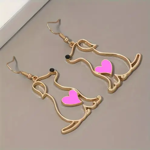 NEW Gold Dog Earrings with Pink Heart – Cute Pet Lover Dangle Jewelry