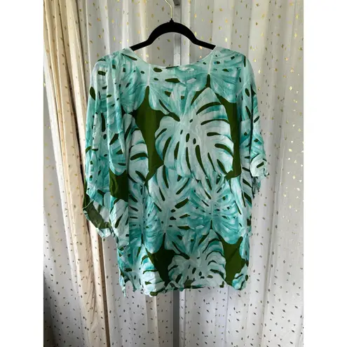 Hula Bay Women's Green Hawaiian Monstera Flowy Waterfall Bell Sleeves Blouse XL