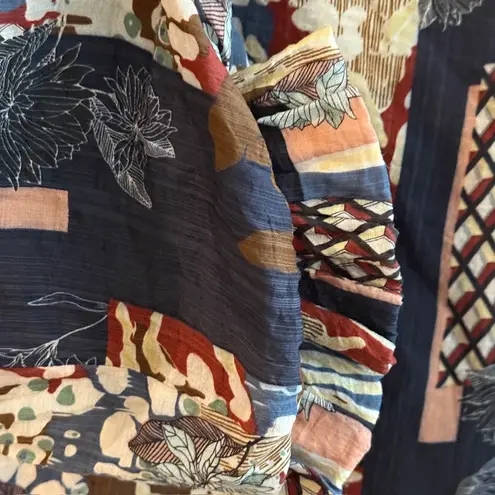 Patchwork Floral Boho Blouse Balloon Sleeve Tie Neck Oversized Fit Women’s Small Blue