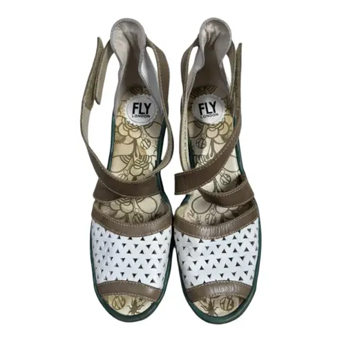 Fly London White Brown Cutout Leather Wedge Sandals Women’s Size 40 US 8-8.5