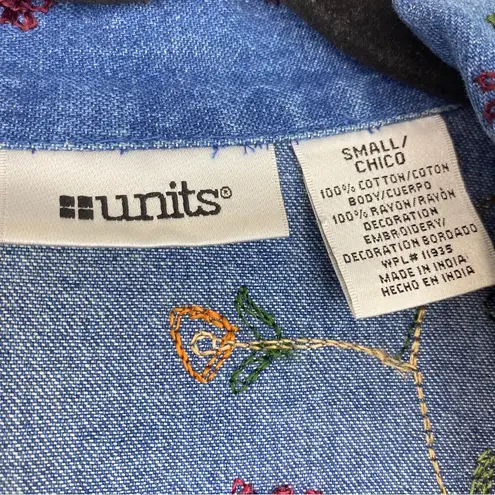 Units Blue Denim Jacket Multicolor Floral Embroidery Button Up Size Small