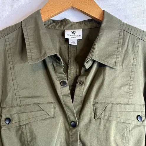 Worthington  Stretch Army Green Moto Snap Button Shirt Size Large‎