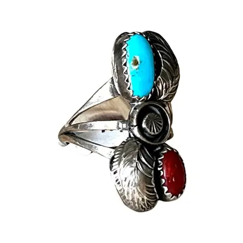 None Vintage sterling silver turquoise and coral Native American ring size 6.5