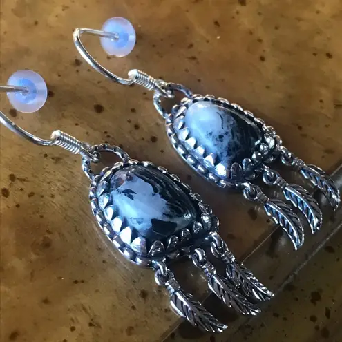 Natural White Buffalo Sterling Silver Feather Earrings