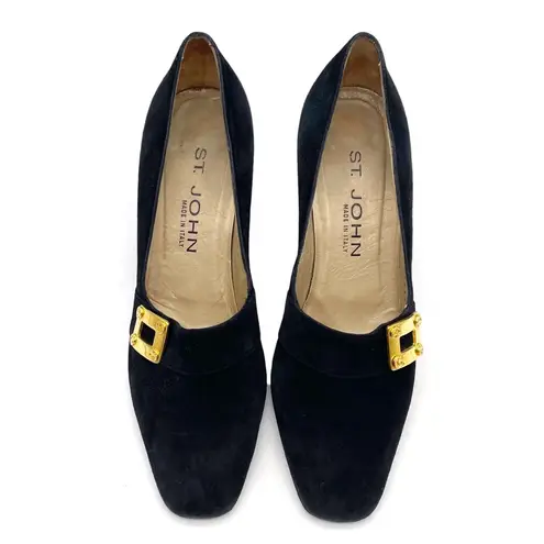 St. John Black Suede Gold Buckle Heels Made in Italy Pumps Size 7 Vintage 80s