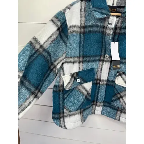 TRUTH Shacket Womens Size M Teal Plaid Fuzzy Chest Pockets Cozy Streetwear Black Size M