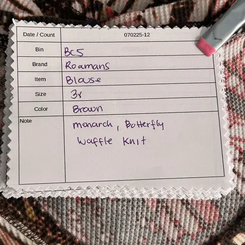 Roamans Womens Blouse Size 3x Butterfly Wing Print Waffle Knit Boho Warm Cozy Brown