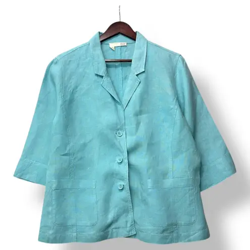 Eileen Fisher  Womens Linen 3 Button Jacket XL Aqua Blue Lightweight Boxy Blazer