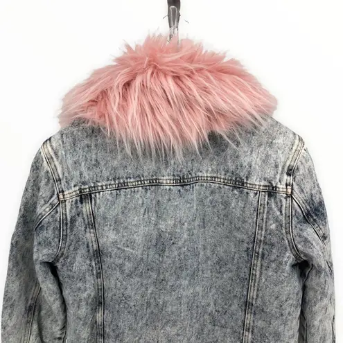 Juicy Couture  Black Label Pink Fur Collar Acid Wash Denim Sherpa Lined Jacket