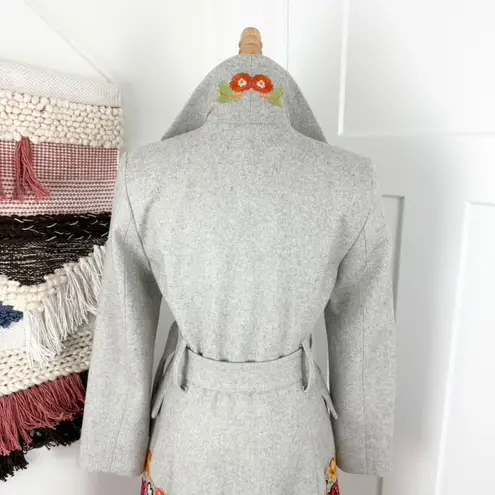 Johnny Was Biya Embroidered Floral Wool Blend Belted Coat Grey Sz S NWT