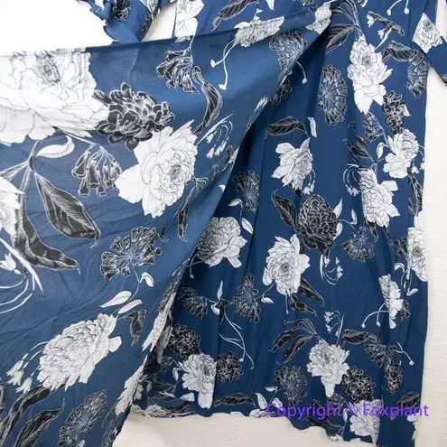 City Chic navy blue faux wrap dress with white floral print waist tie, size 22