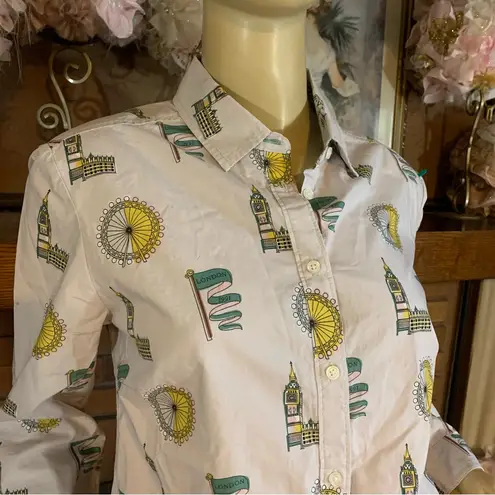 Boden USA BODEN LIGHT GRAY W/YELLOW & GREEN LONDON THEME COTTON BUTTON DOWN SHIRT (8)