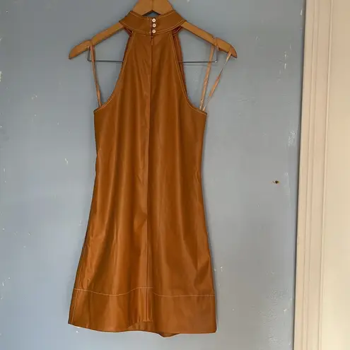 STAUD Siciliy Halter Mini Faux Leather 70s Honey Color Dress