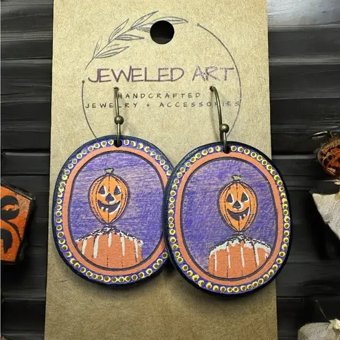 JEWELED ART Spooky Pumpkin Head Oval Earrings Hand Painted Wood Halloween Purple