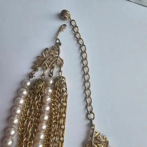 Vintage Champagne Pearl Gold tone metal Chainlink Multistrand Necklace