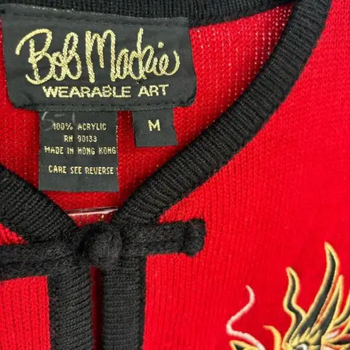Bob Mackie Cardigan Sweater Embroidered Dragon Wearable Art Red Black Medium