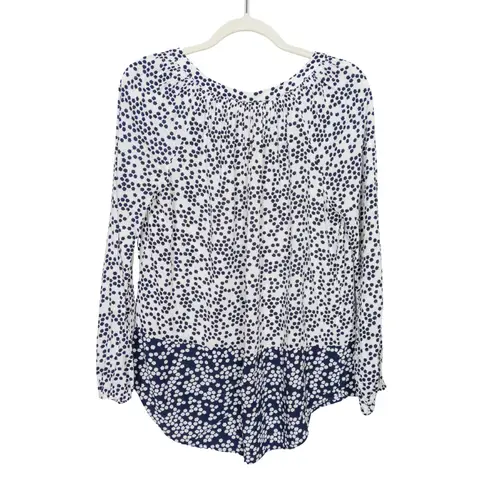 BODEN Navy White Print Maya Blouse Viscose Long Sleeve Split Neck Women's US 6 Blue