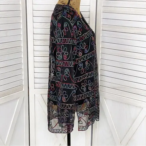Jeannie Rainbow Embroidered Sheer Button Front Cardigan Shirt Black Medium Black