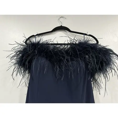 Alex Evenings  Off-the-Shoulder Jersey Gown Slit Maribou Feather Trim Navy 14 NEW - Image 3