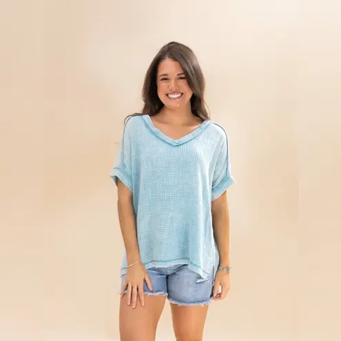 Zenana Outfitters NWOT Acid Washed Double Gauze Short Sleeve Shirt Lavender Size Small