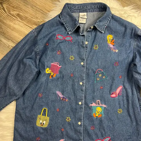 Warner Brothers Vintage Tweety Bird embellished oversized denim shirt