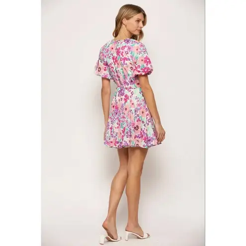 Fate Women Frances Floral Pleated Skirt Dress Sz L Puff Sleeve Colorful Feminine Pink Size L