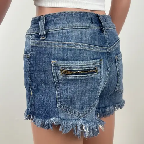 Eunina Francesca's Mid Rise 3” Fray Hem Denim Jeans Shorts Medium Wash Size 27