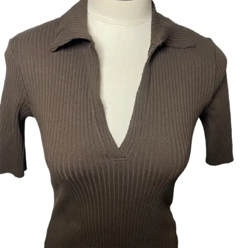 Cotton Citizen Ribbed Knit Polo Top Brown V-Neck Stretch Fitted Shirt Size M