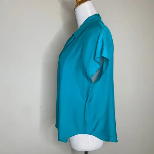 Vintage Rayon Teal Blouse Sz Small 80s Short Sleeves Green