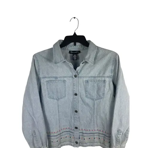 VTG Y2K Denim & Co. L Denim Jacket Embroidered Floral Boho Light Wash Top Blue Size L