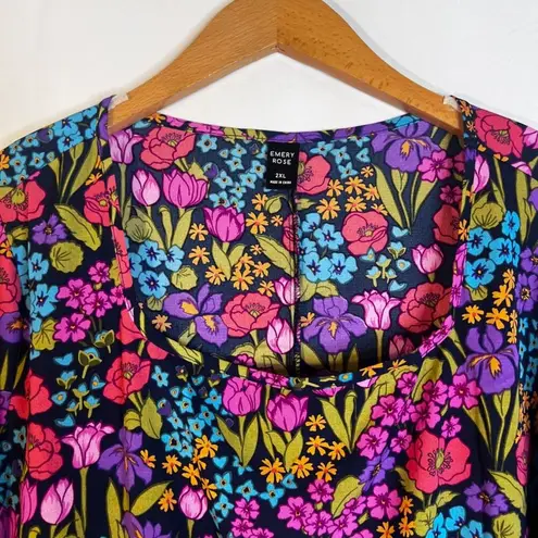 Emery Rose Bold Floral Print Long Sleeve Fit & Flare Thin Midi Dress Size 2XL