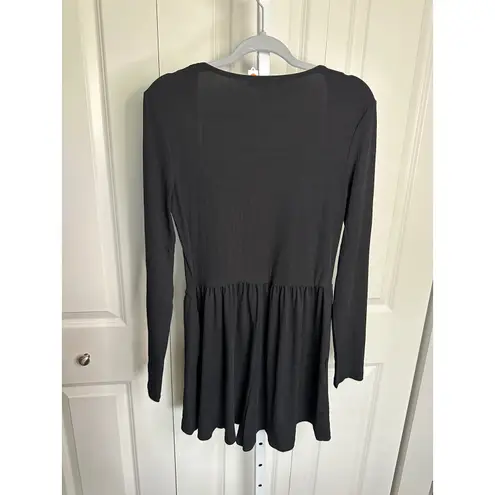 Ribbed Knit Romper Long Sleeve Square Neck Casual Comfy Black Size M