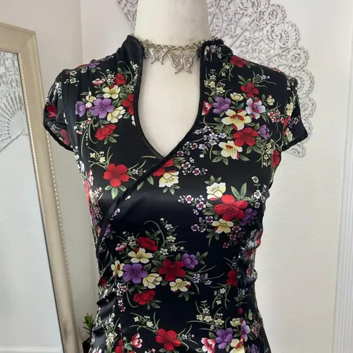 Vintage Colorful Floral Black Shinty Satin Cheongsam Bodycon Midi Dress S