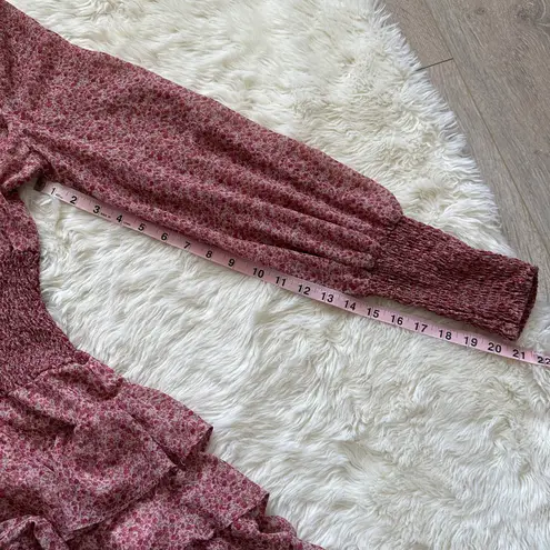 Bardot Dress Georgette Soft Floral Tiered Shirred Mini Long Sleeve Pink M