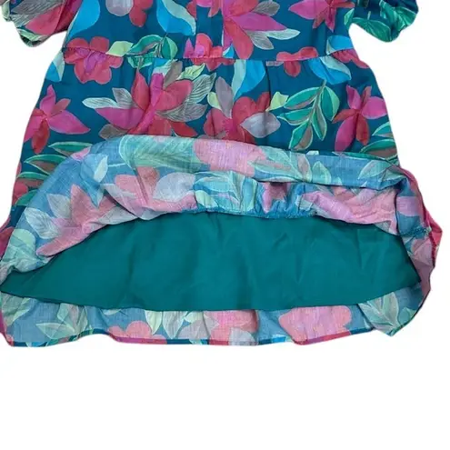 THML Flower Power Mini Dress Teal Pink Puff Sleeve Tiered Short Dress Size XL