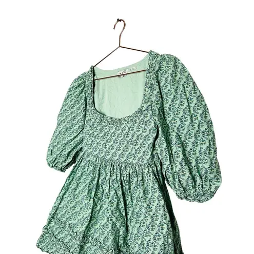RHODE Green Printed 100% Cotton Hourglass Square Neck Daya Mini Dress Size 6